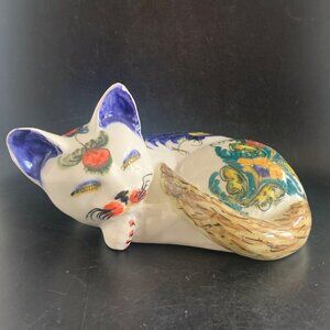 Sleeping Cat Porcelain Hand Painted Colorful Florals and Bird Signed 2004